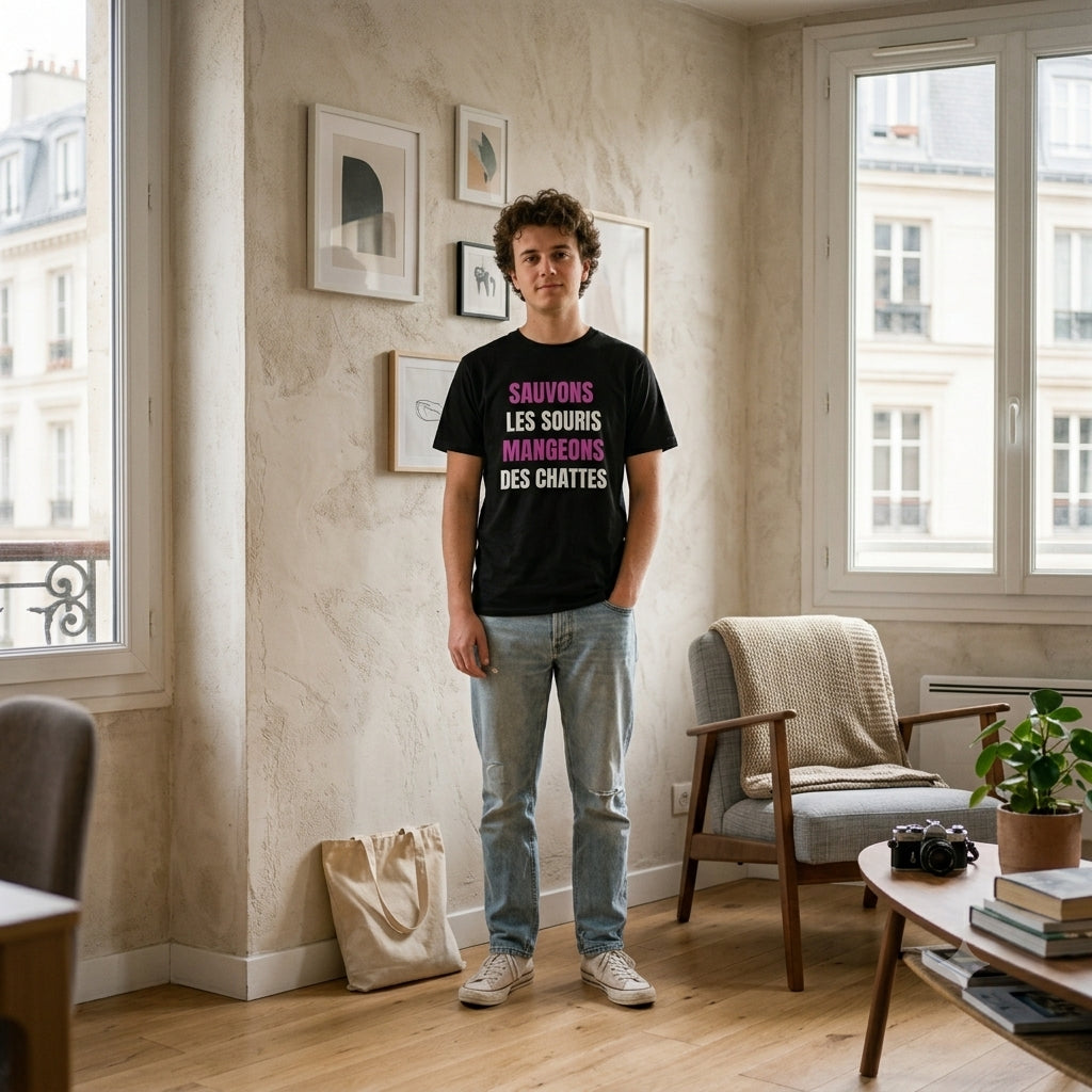 T-shirt humour noir « Sauvons les souris » – homme